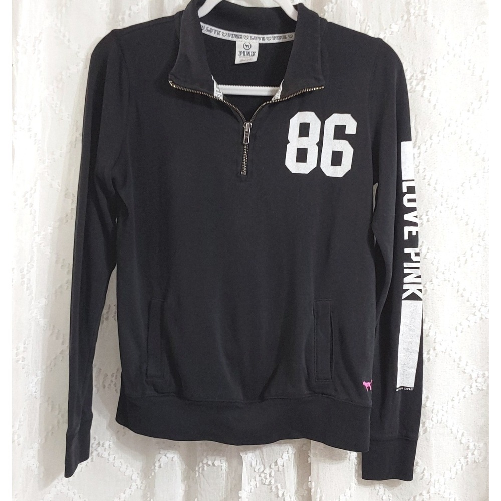 Victoria's Secret PINK Quarter Zip Pullover Black Graphic Sweatshirt Womens XS